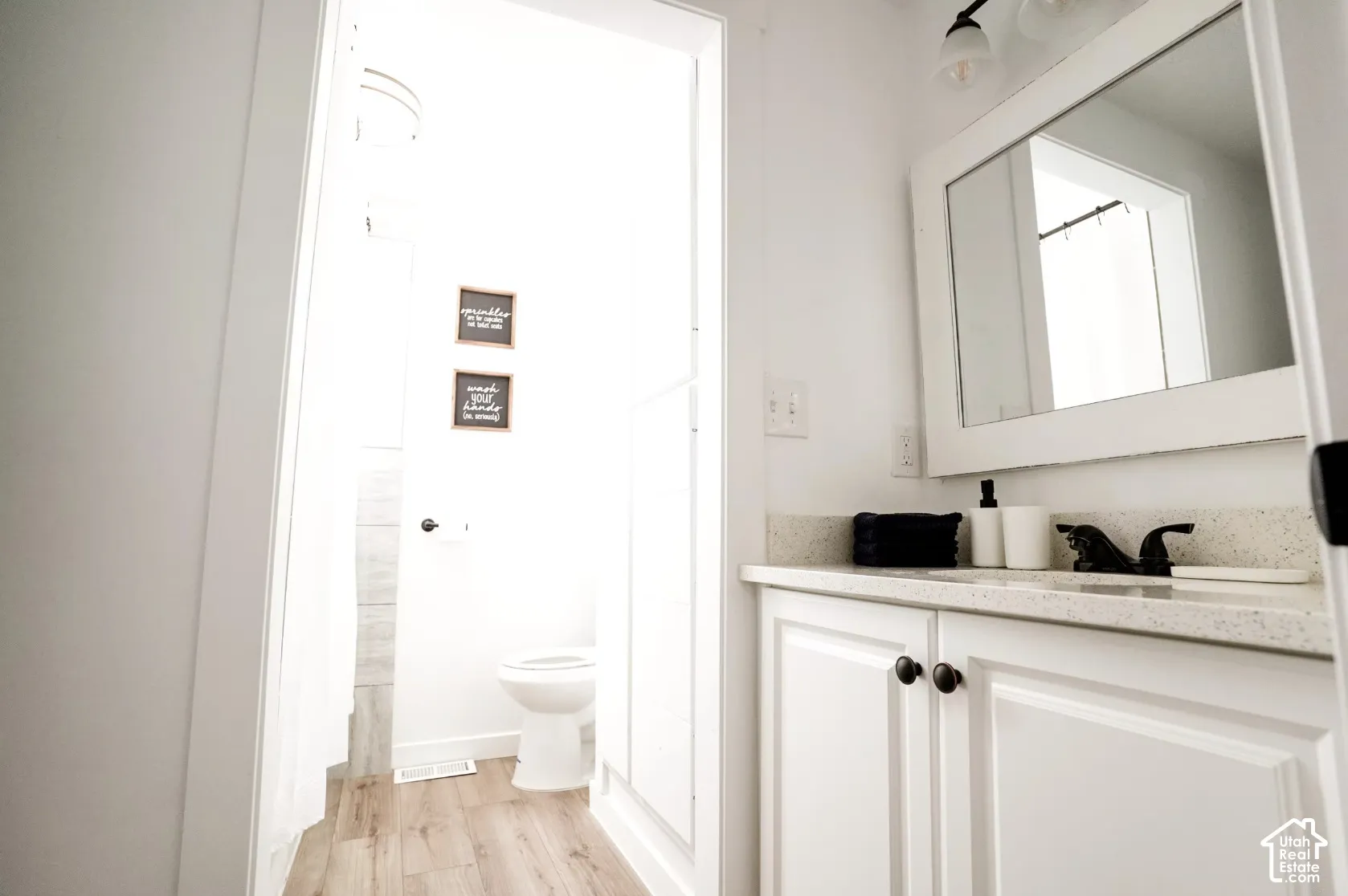 Bathroom featuring a white vanity cabinet with stone-finish countertop, undermount sink, dual-handle faucet, framed wall mirror, and wood-finish flooring
