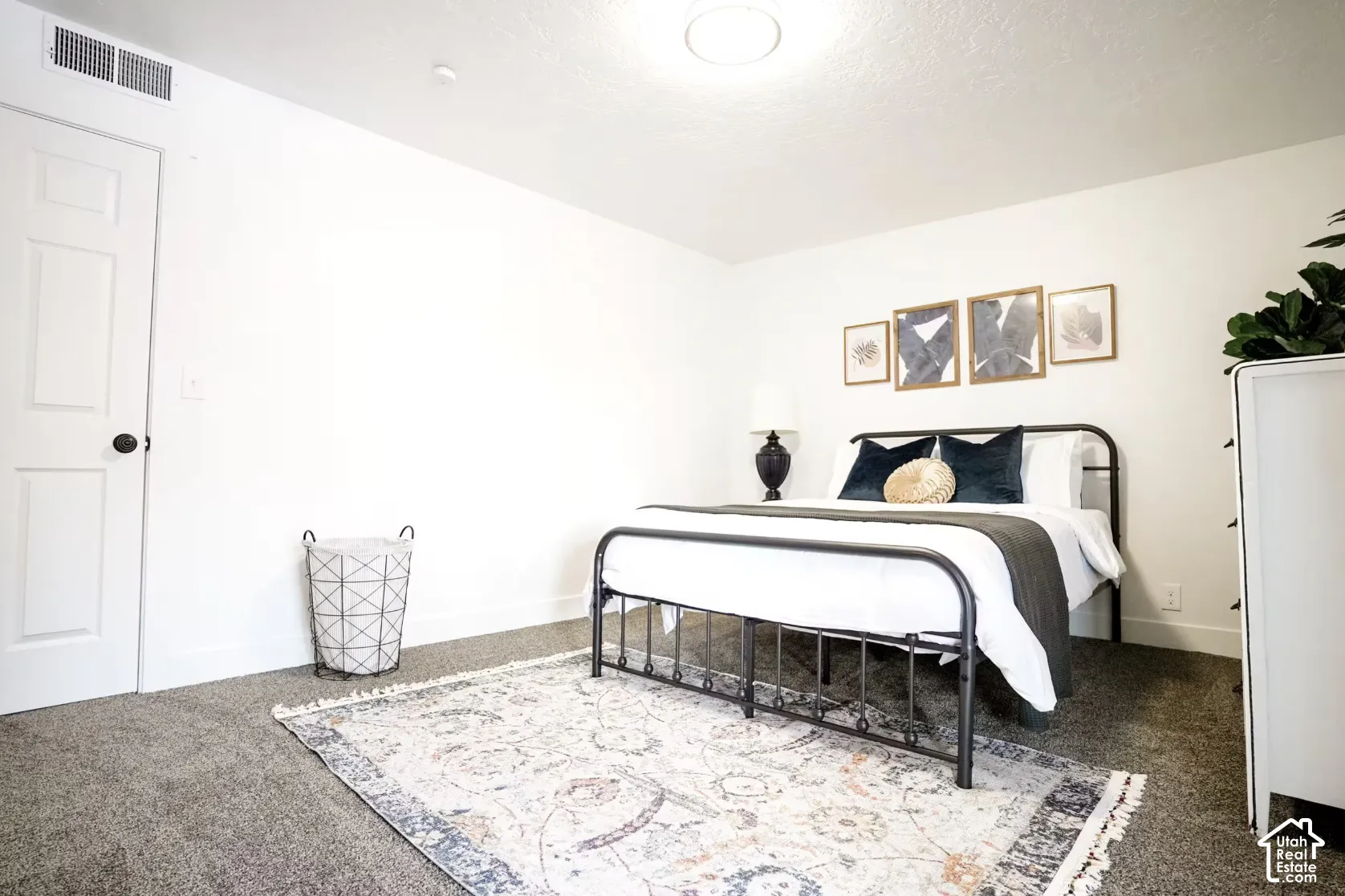 Neutral-toned carpeting, crisp white walls, and a multi-panel door with matte black hardware