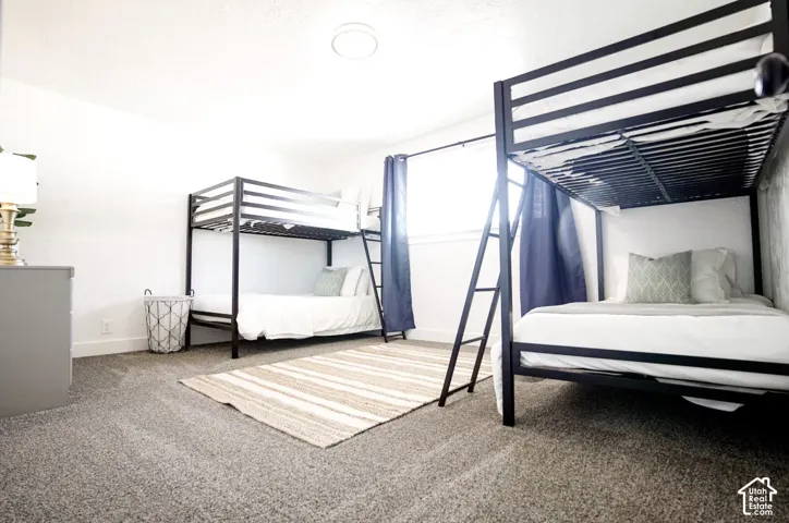 Bedroom featuring neutral carpeting, a central flush-mount ceiling light, and a window with curtains