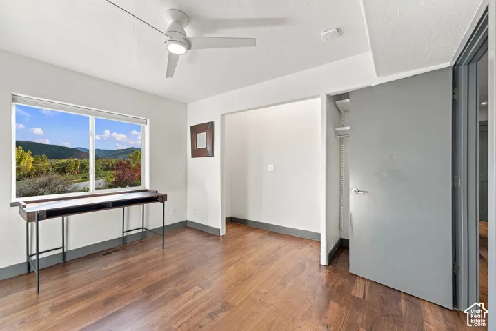 Wood-finish flooring, mountain scenery, ceiling-mounted fan with integrated lighting, and a built-in closet with shelving