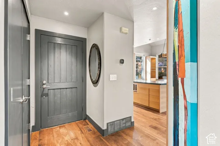 Entryway featuring wood-finish flooring, a charcoal-toned panel door, and recessed lighting