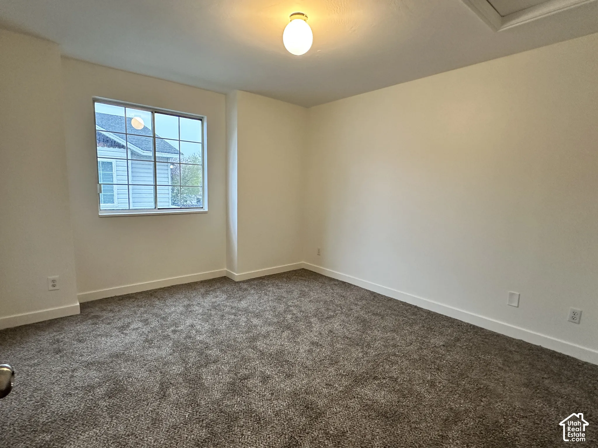 Neutral interior room featuring neutral carpeting, a grid-patterned window, and a central ceiling-mounted globe light fixture