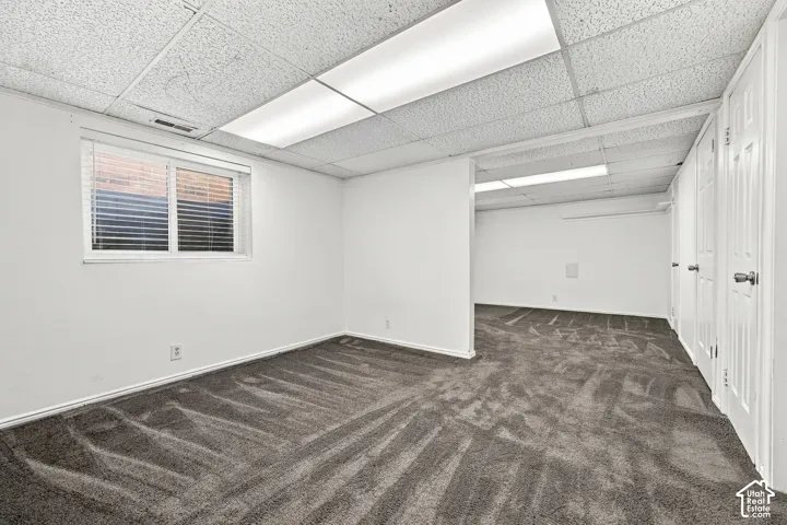 Finished room featuring wall-to-wall carpeting, drop ceiling with integrated rectangular lighting, and sliding panel doors