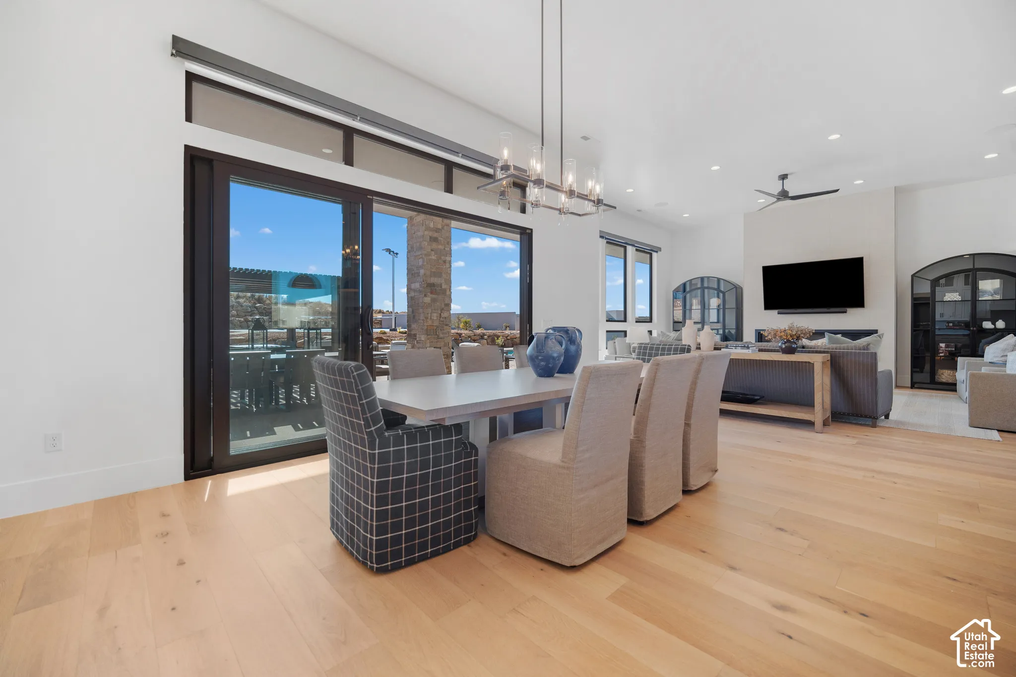 Great room opening to the covered patio