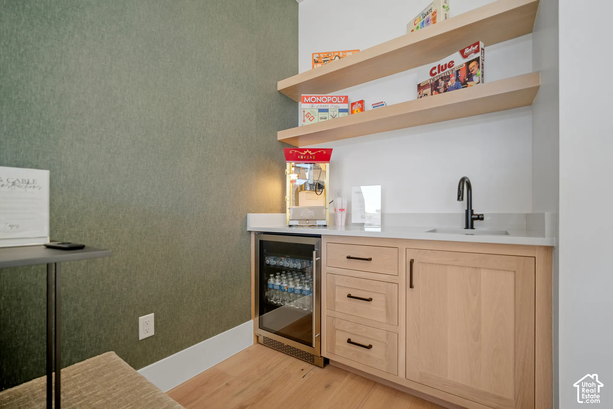 Theater wet bar with beverage fridge