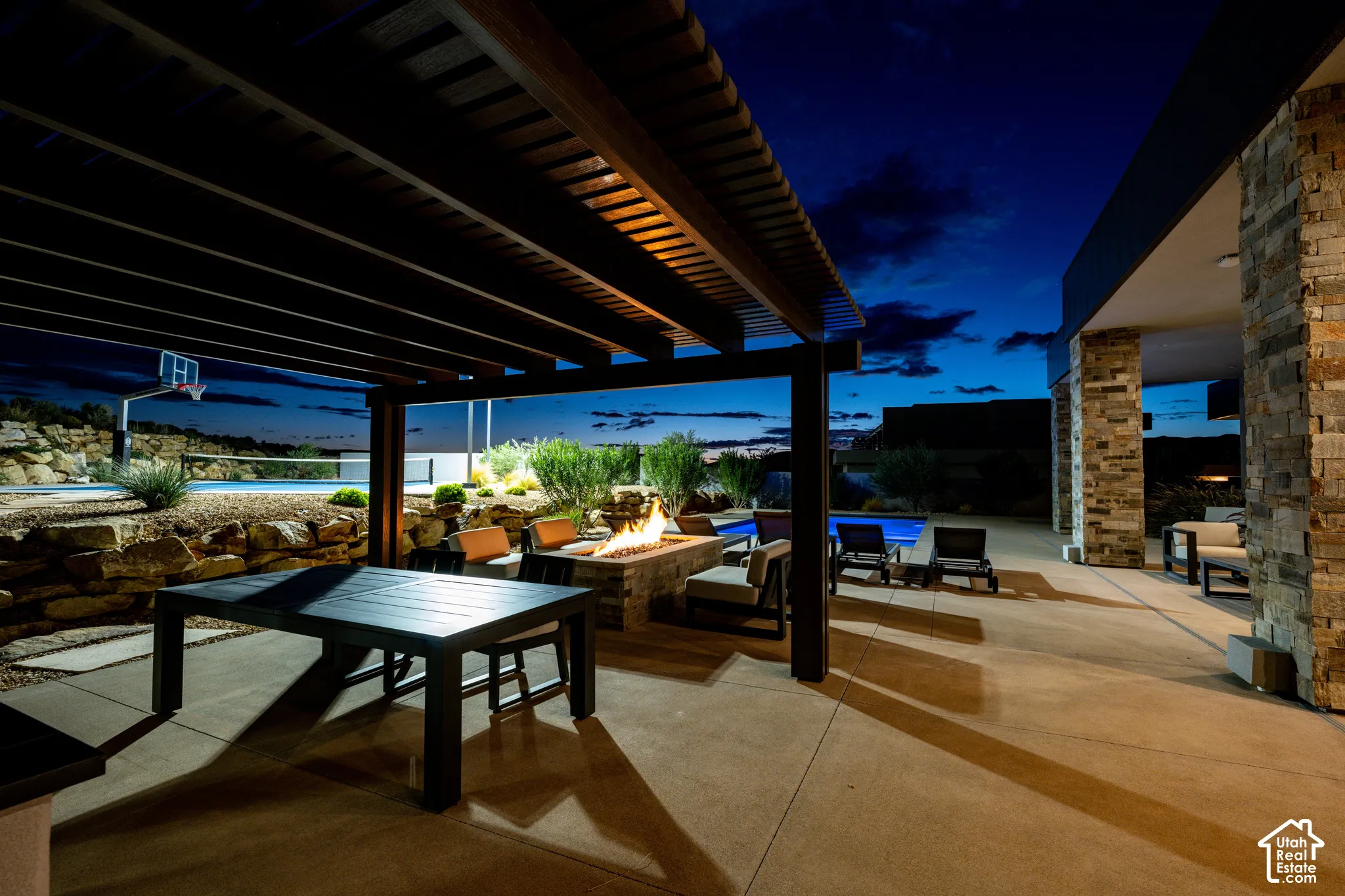Pergola and fire pit at twilight