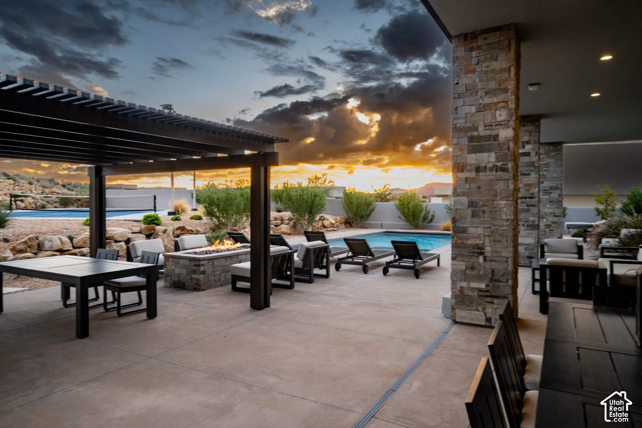 Covered patio at sunset