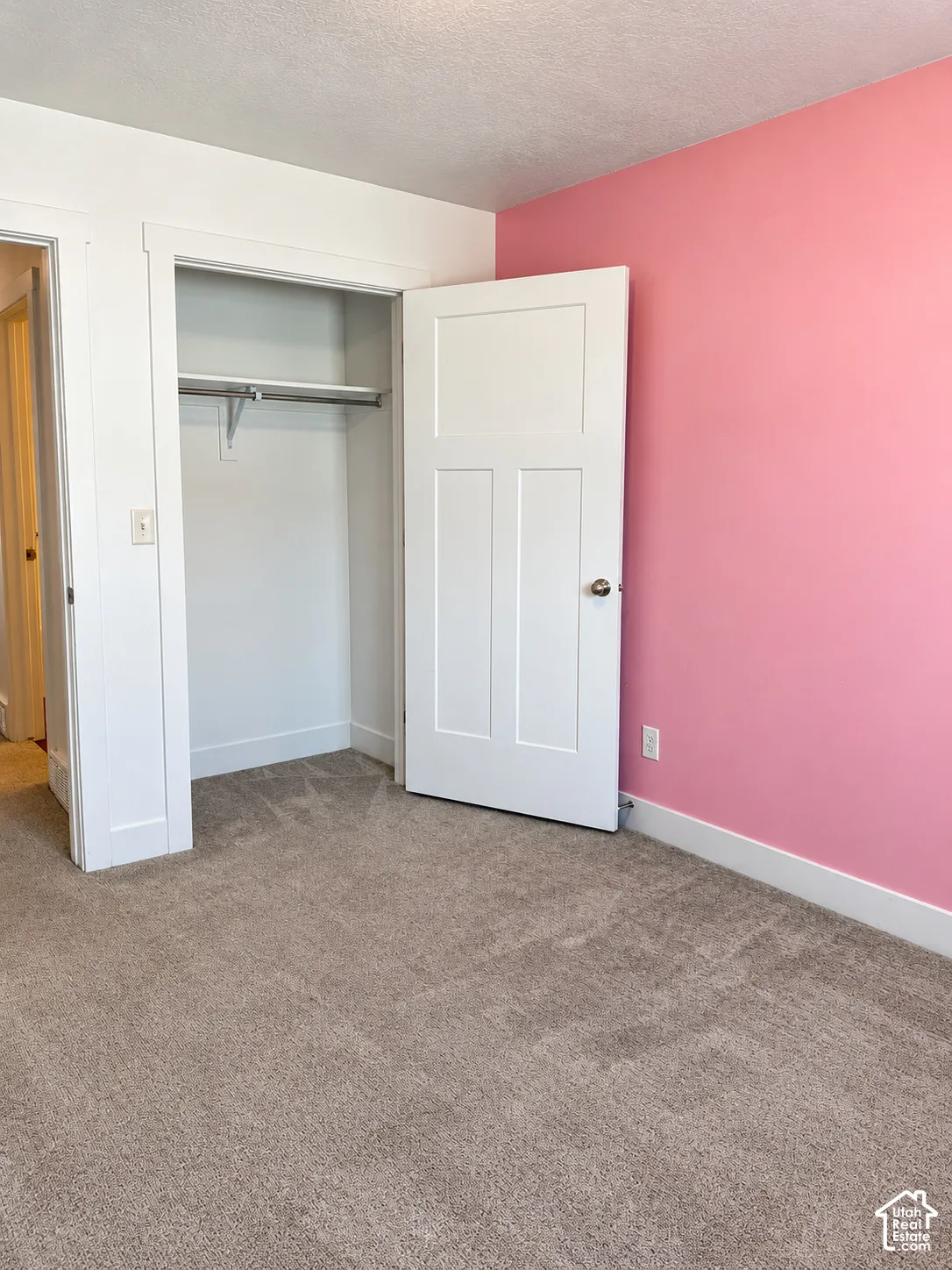 Interior room featuring wall-to-wall carpeting, three-panel shaker-style interior door, and built-in closet with integrated shelving