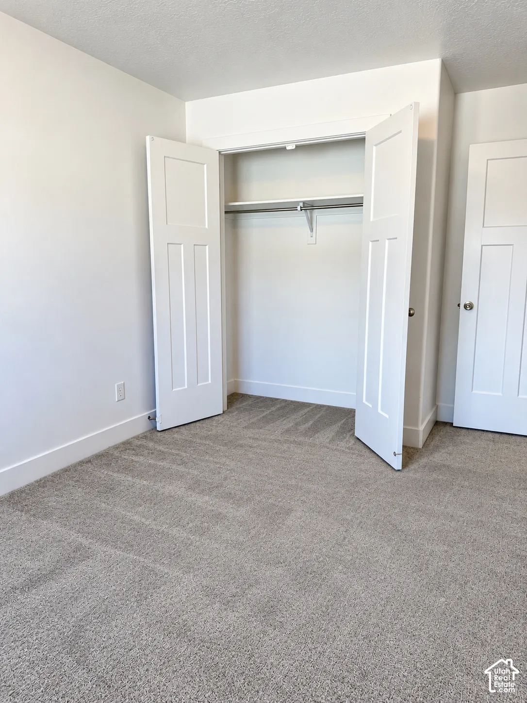 Neutral-toned wall-to-wall carpeting, white two-panel interior doors, and built-in closet shelving with a metal clothing rod