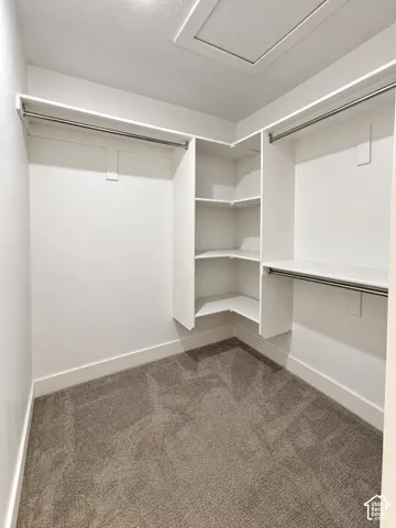 Walk-in closet featuring wall-to-wall carpeting, custom white shelving, and dual-level metal hanging rods