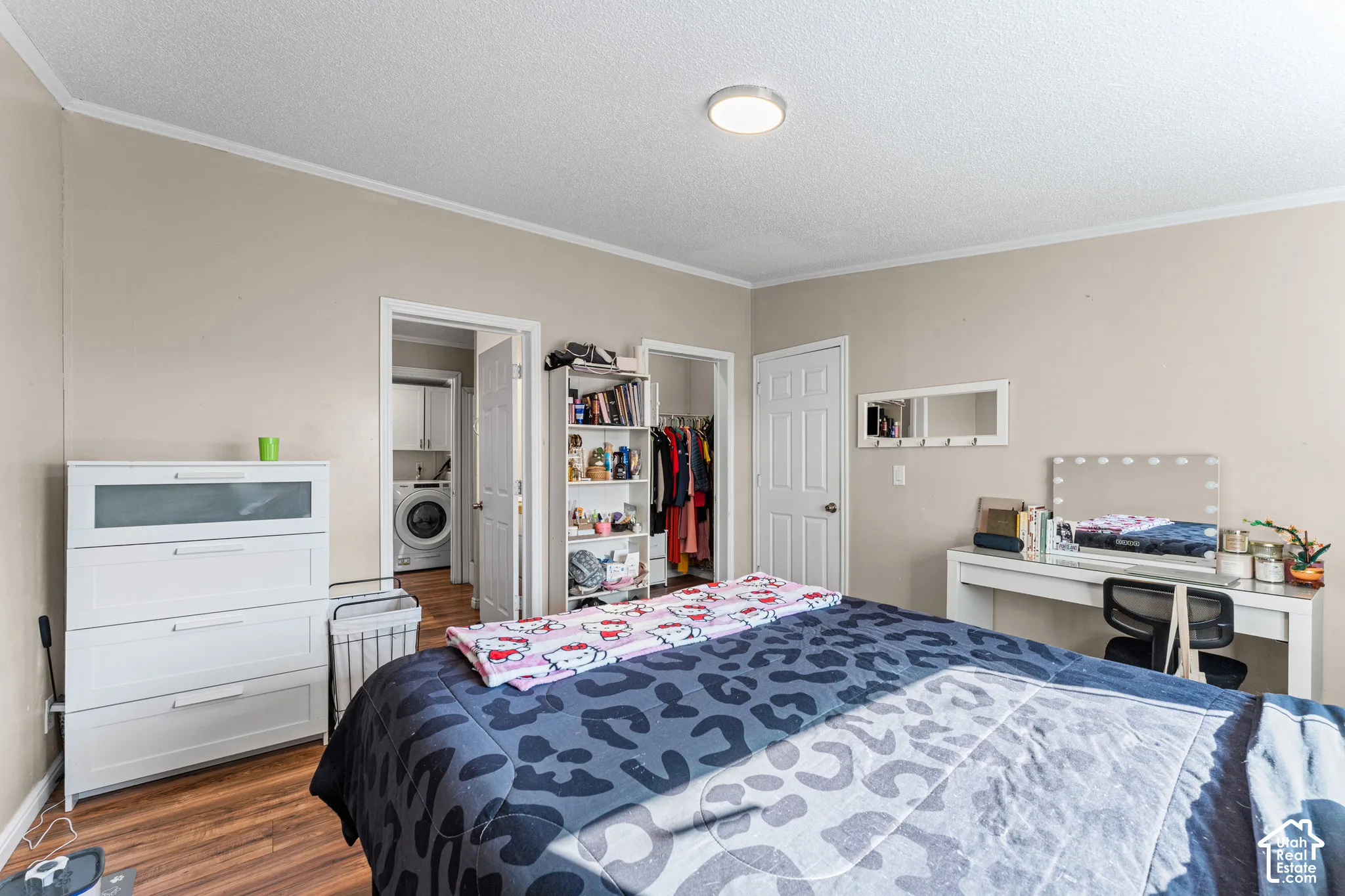 Room featuring wood-finish flooring, a flush-mount ceiling light, and panel-style interior doors
