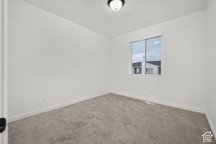 Neutral-toned carpeting, crisp white wall finish, flush-mount ceiling light fixture, and a single-pane window with integrated blinds