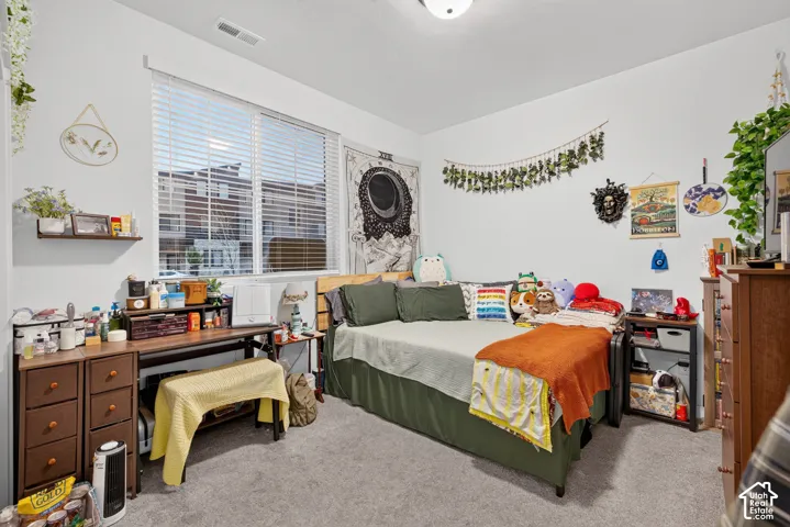 Neutral-toned carpet, large window with horizontal blinds, and a central ceiling-mounted light fixture