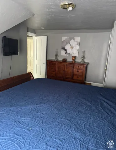 Room featuring a slanted ceiling, neutral-toned walls, and a multi-panel interior door