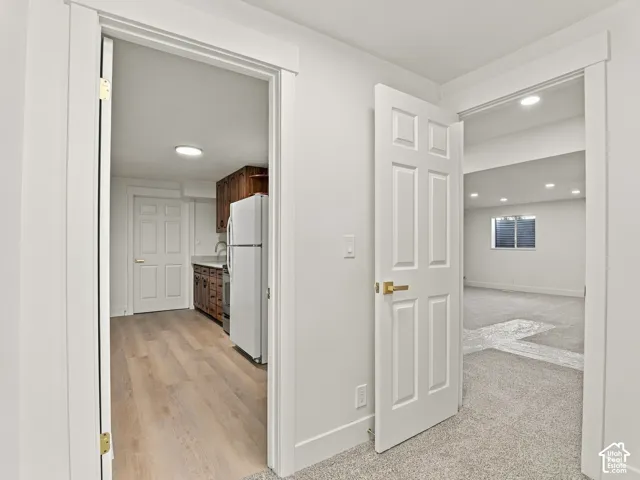 Interior space featuring wood-finish flooring, white six-panel doors, neutral carpeting, recessed ceiling lighting, and built-in cabinetry with stone-finish countertops