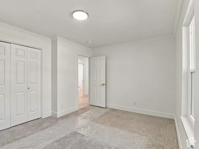 Neutral-toned carpeting, six-panel interior doors, double-door closet, flush-mount circular lighting, and deep-set window casing
