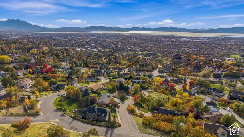 Aerial perspective featuring expansive mountain and lake horizons, mature deciduous trees, and residential streetscape