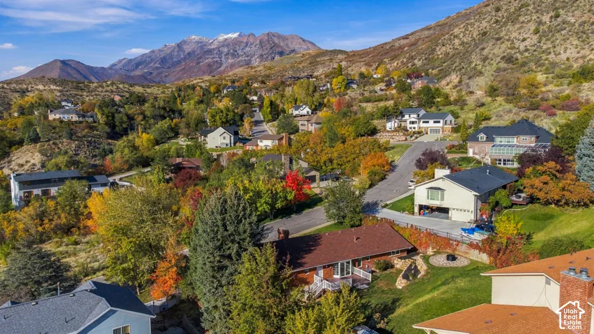 Aerial perspective featuring a neighborhood landscape with mature trees and a prominent mountain range backdrop