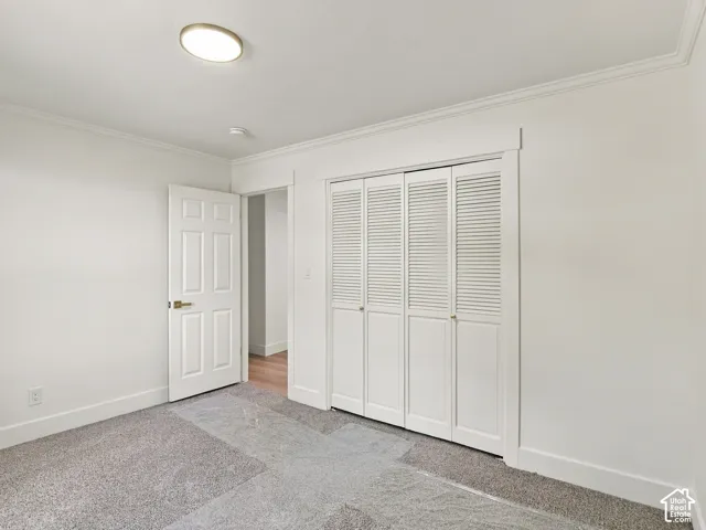 Interior room featuring neutral wall-to-wall carpeting, crown molding, four-panel interior door, and louvered closet doors