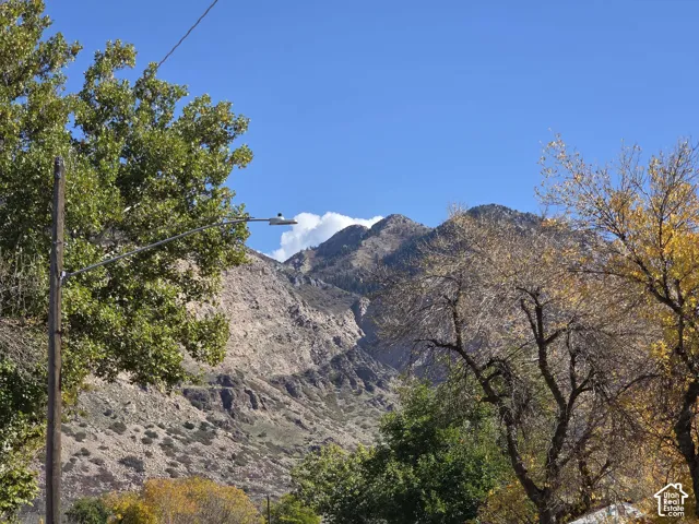 Prominent mountain topography featuring rugged rock formations and established deciduous trees