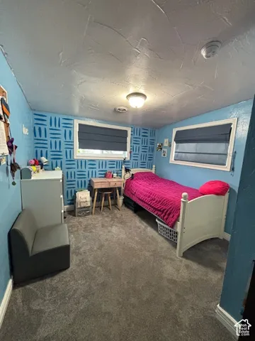 Room featuring wall-to-wall carpeting, textured ceiling, two windows with inset roman shades, and a flush-mount overhead light fixture