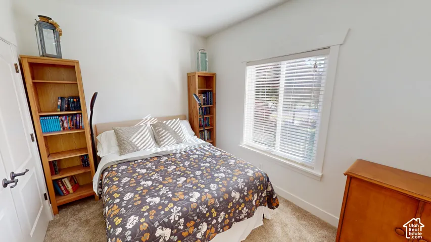 Interior space featuring neutral wall tones, carpeted flooring, window with white horizontal blinds, and paneled door with dark hardware