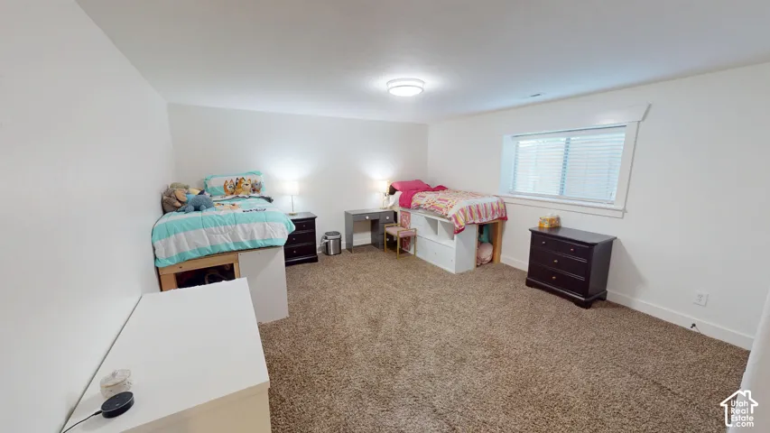 Neutral-toned wall-to-wall carpeting, window with blinds, and flush-mount overhead lighting