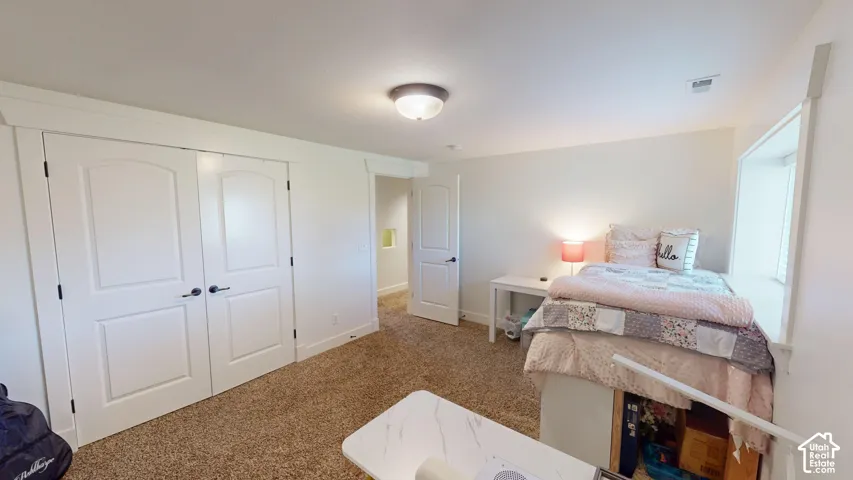Neutral-toned room with plush carpeting, double-door closet, flush-mount lighting, and window alcove
