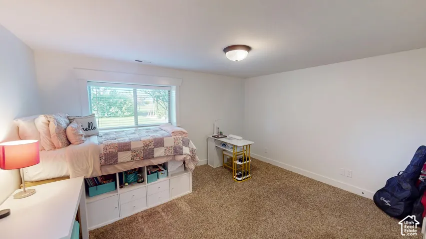 Room featuring neutral-toned carpeting, a horizontal sliding window with wide casing, and a flush-mount ceiling light fixture