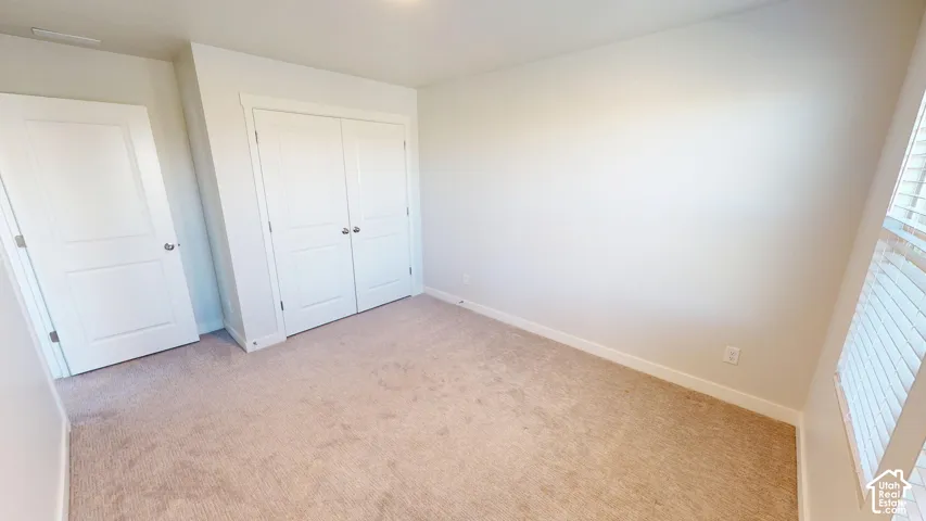 Neutral interior room featuring neutral-toned carpeting, two-panel interior doors, double-door closet cabinetry, and windows with horizontal blinds