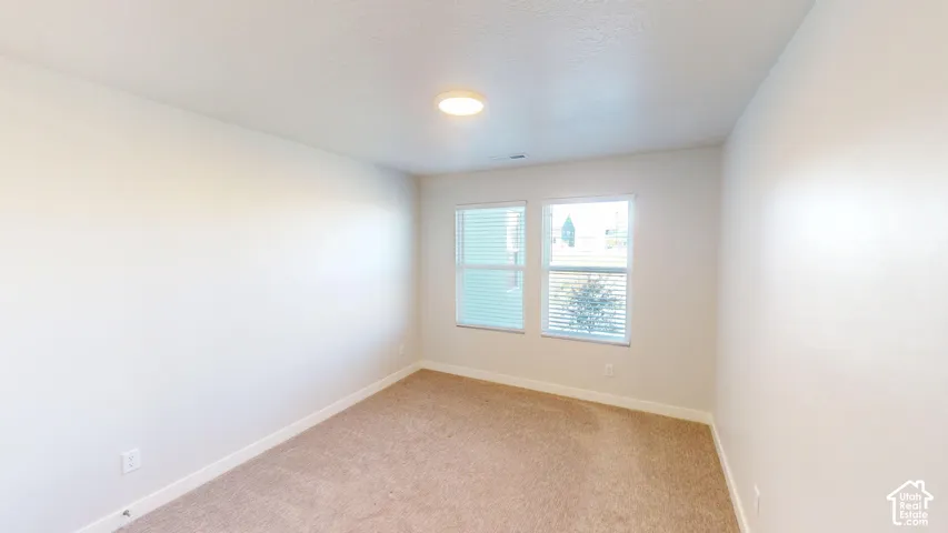 Neutral-toned walls, carpeting, dual windows, and a central ceiling light fixture