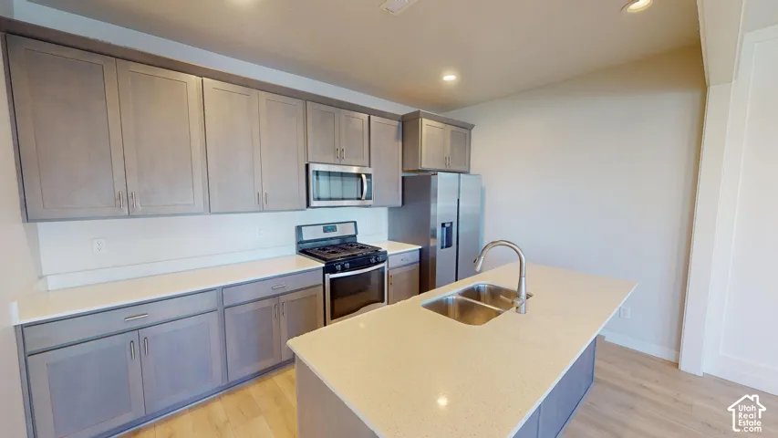 Kitchen featuring light gray cabinetry, quartz countertops, a central island with a dual-basin undermount sink, stainless steel appliances, and wood-finish flooring