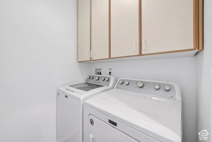 Laundry space featuring built-in cabinetry with flat-panel doors and white surfaces