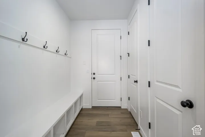 Built-in storage bench with lower cubbies, wall-mounted coat hooks, wood-finish flooring, and doors featuring matte black hardware