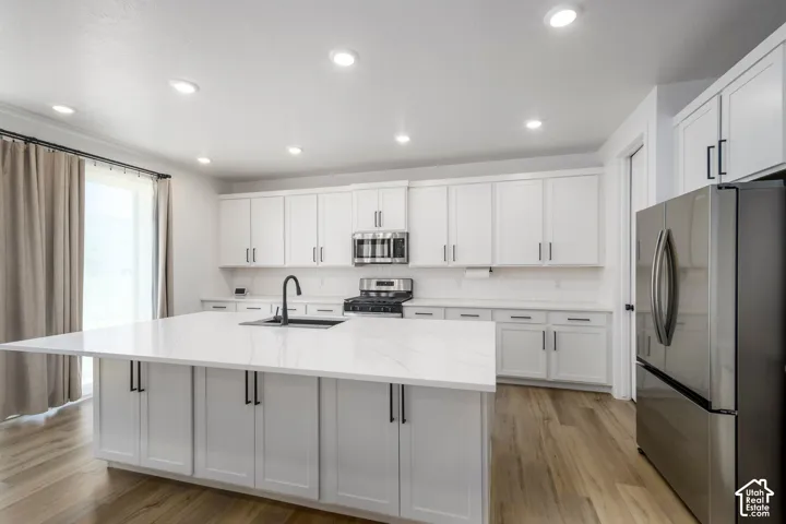Kitchen featuring white cabinetry, an expansive central island with a quartz countertop, recessed lighting, stainless steel appliances, and wood-finish flooring