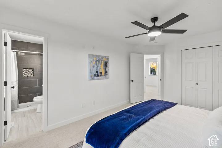 Interior room featuring neutral carpeting, a ceiling fan with integrated lighting, dual-door closet, and an entry to an ensuite bathroom with large-format stone-tile shower surround and built-in recessed niche