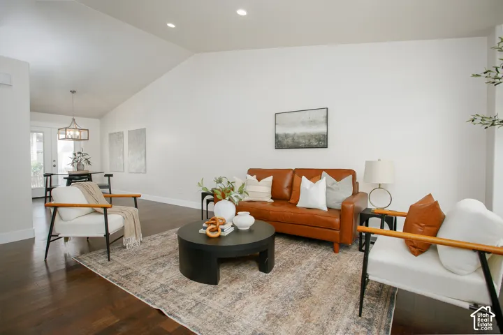 Vaulted ceilings, wood-finish flooring, and recessed lighting