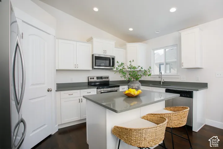 Kitchen featuring white shaker-style cabinetry, solid-surface countertops, a center island, stainless steel appliances, and dark wood-finish flooring