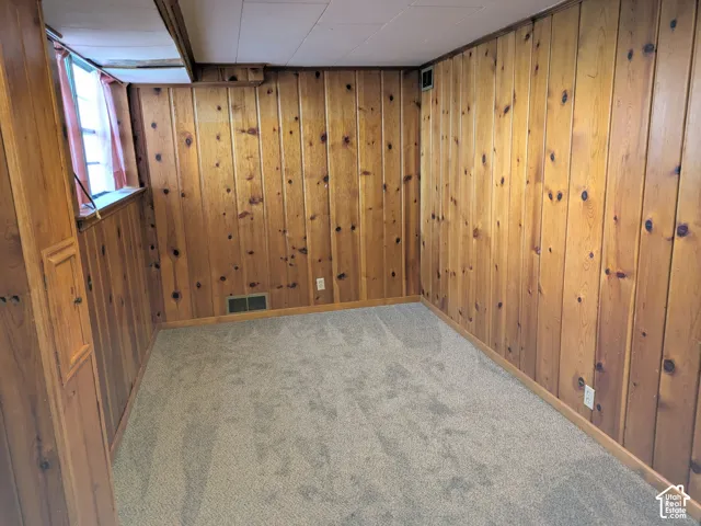 Knotty pine wood wall paneling, neutral carpeting, and a multi-pane window