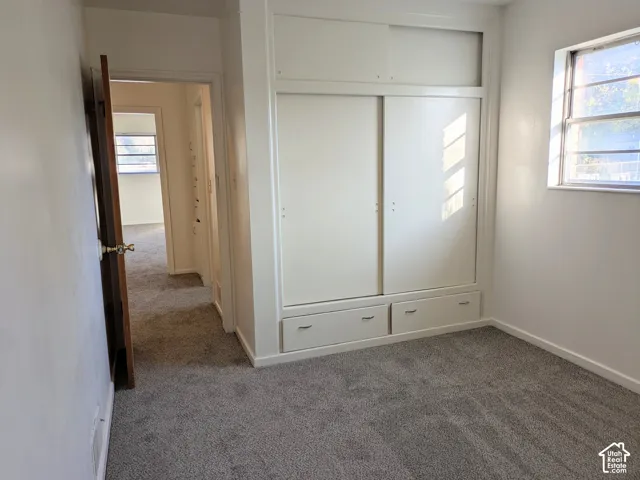Built-in floor-to-ceiling closet cabinetry featuring sliding doors, integrated base drawers, and neutral wall-to-wall carpeting