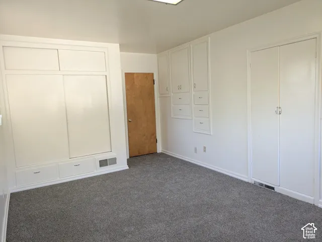 Built-in floor-to-ceiling cabinetry, sliding storage panels, wall-mounted drawer units, dual-panel closet doors, and wall-to-wall carpeting