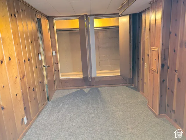 Wood-paneled wall finishes, built-in storage closets, and carpeted flooring