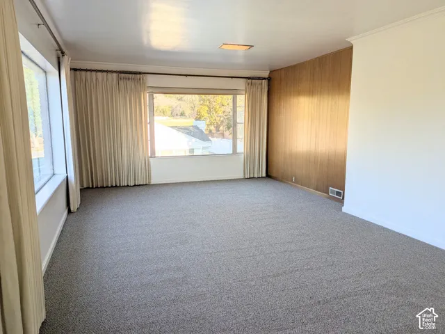 Interior space featuring expansive picture windows, wood-panel accent wall, neutral carpeting, and recessed ceiling lighting