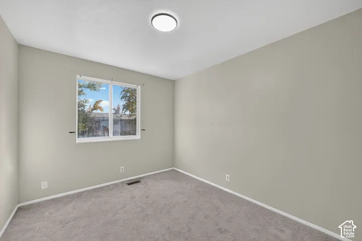 Neutral interior room featuring neutral wall paint, carpeted flooring, a flush-mount ceiling light fixture, and a single sliding window