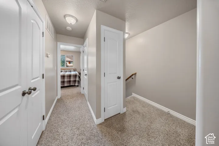 Hallway featuring neutral-toned carpeting, multi-panel interior doors, flush-mount ceiling lighting, and a staircase with a wooden handrail