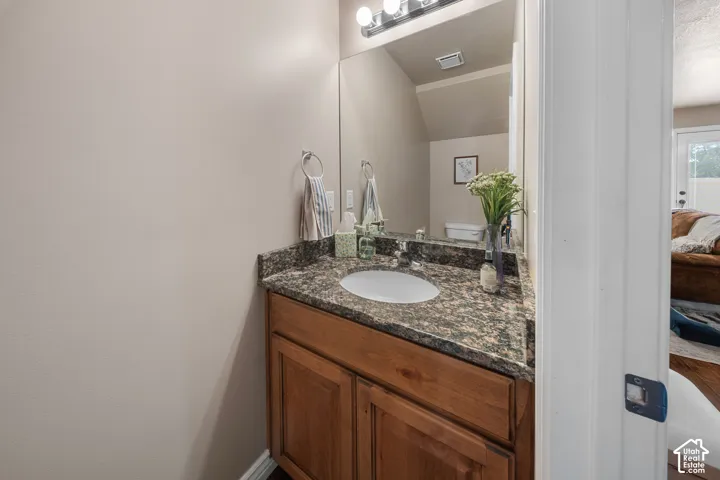 Bathroom vanity featuring wood cabinetry, a stone-patterned countertop, an integrated oval basin, and an expansive wall-mounted mirror with an overhead light fixture