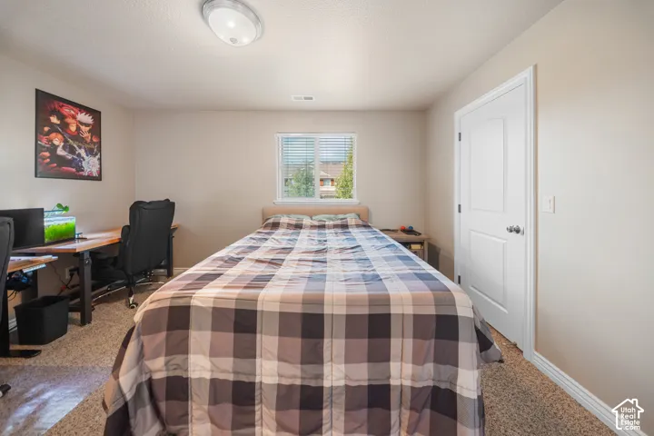 Neutral-toned room featuring carpeted flooring, a single window, a dome-style ceiling light, and a white interior door