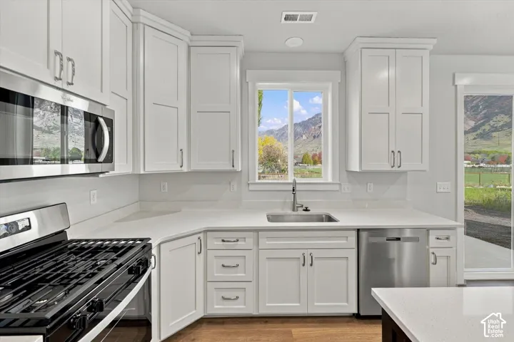 Kitchen featuring white shaker-style cabinetry, quartz countertops, stainless steel appliances, wood-finish flooring, and mountain scenery