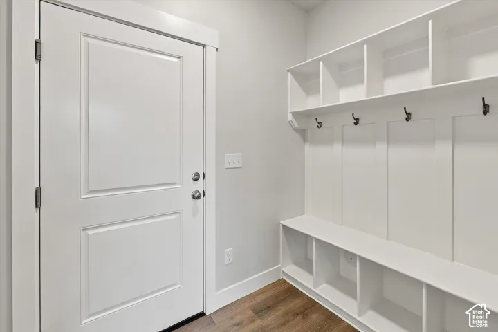 Built-in storage bench featuring divided cubbies, vertical paneling, integrated coat hooks, and overhead shelving, complemented by wood-finish flooring and a paneled entry door
