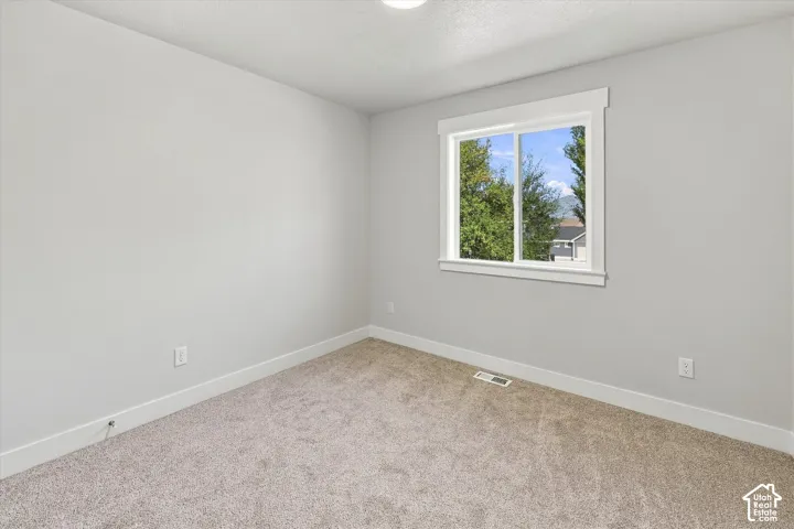 Neutral-toned interior space featuring wall-to-wall carpeting and a dual-pane sliding window with white trim